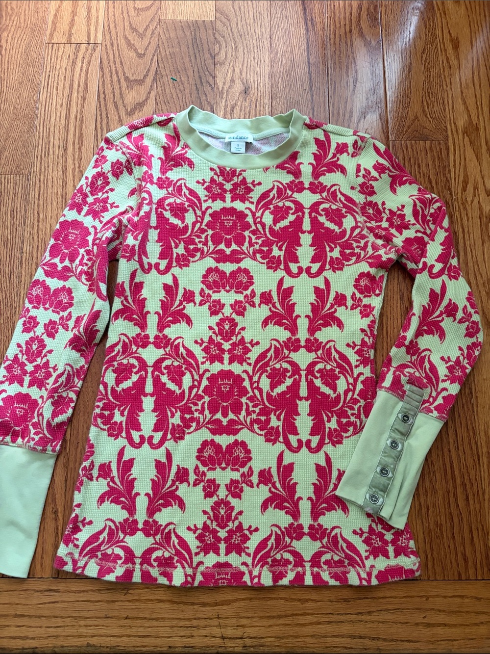 Sundance Waffle Knit Top Damask Floral Print Mint Rasberry S Boho Distressed